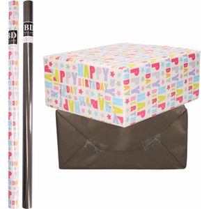 8x Rollen kraft inpakpapier happy birthday pakket - zwart 200 x 70 cm - cadeau/verzendpapier