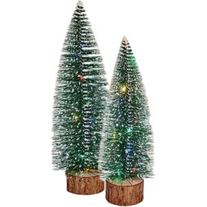 Mini decoratie kerstboompjes - set 2x st- gekleurd licht - 25-30 cm