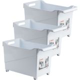 Set van 3x stuks kunststof trolleys wit op wieltjes L45 x B24 x H27 cm - Voorraad/opberg boxen/bakken