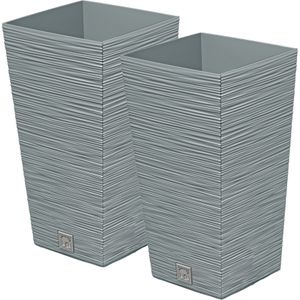 Prosperplast Plantenpot/bloempot Furu Stripes - 2x - voor buiten - kunststof - lichtgrijs - vierkant - D20 x H38 cm