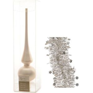 Kerstversiering glazen piek mat 26 cm en sterren folieslingers pakket licht parel/champagne van 3x stuks - Kerstboomversiering