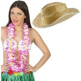 Carnaval verkleed set - Tropische Hawaii party - stro beach hoed - met volle bloemenslinger paars - volwassenen