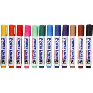 Whiteboard markers/stiften Power Liners - in 12x kleuren - punt van 4 mm - school en kantoor artikelen
