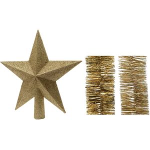 Kerstversiering kunststof glitter ster piek 19 cm en folieslingers pakket goud van 3x stuks - Kerstboomversiering