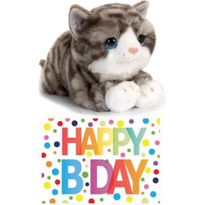 Cadeau setje pluche grijze kat/poes knuffel 32 cm met grote A5 formaat Happy Birthday wenskaart