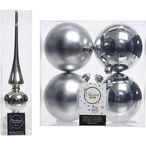 Decoris - Kerstversiering - zilver - piek en 4x kerstballen 10 cm