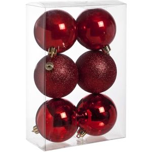 6x Rode kunststof kerstballen 8 cm - Mat/glans/glitter - Onbreekbare plastic kerstballen - Kerstboomversiering rood