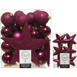 Kerstversiering kunststof kerstballen en hangers framboos roze 5-6-8 cm pakket van 39x stuks - Met ster vorm piek van 19 cm