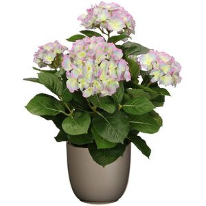 Hortensia kunstplant/kunstbloemen 45 cm - paars/groen - in pot taupe mat - Kunst kamerplant