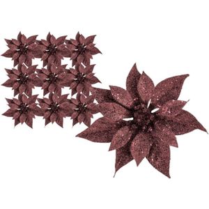 10x stuks decoratie bloemen kerststerren donkerrood glitter op clip 18 cm - Decoratiebloemen/kerstboomversiering