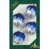 12x stuks luxe glazen kerstballen 7 cm blauw/zilver met bomen - Kerstversiering/kerstboomversiering