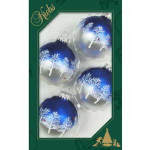 12x stuks luxe glazen kerstballen 7 cm blauw/zilver met bomen - Kerstversiering/kerstboomversiering