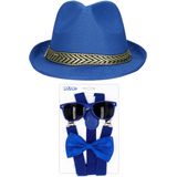 Carnaval verkleedset Funky - hoed/bretels/bril/strikje - blauw - heren/dames - verkleedkleding - verkleedkleding accessoires