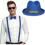 Carnaval verkleedset Funky - hoed/bretels/bril/strikje - blauw - heren/dames - verkleedkleding - verkleedkleding accessoires