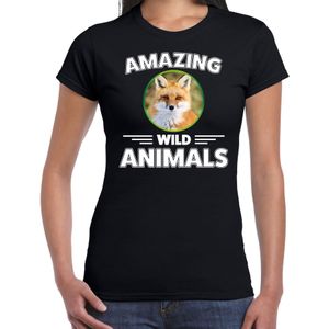 T-shirt vos - zwart - dames - amazing wild animals - cadeau shirt vos / vossen liefhebber