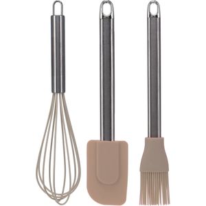 La Cucina Keukengerei set - 3 stuks - garde/pannenlikker/bakkwast - bruin - RVS/siliconen - 26 cm