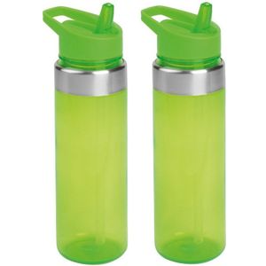 Set van 2x stuks transparant/groen drinkfles/waterfles met draaglus 650 ml - Sportfles
