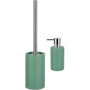 Spirella Badkamer accessoires set - WC-borstel/zeeppompje - porselein - groen - Luxe uitstraling