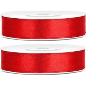 2x Hobby/decoratie rode satijnen sierlinten 1,2 cm/12 mm x 25 meter - Cadeaulinten satijnlinten/ribbons - Rode linten - Hobbymateriaal benodigdheden - Verpakkingsmaterialen