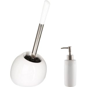 5Five - WC-/toiletborstel in houder - wit/rvs - Zeeppompje 400 ml