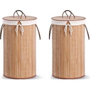 2x Luxe ronde bruine wasmanden van bamboe hout 35 x 60 cm - Zeller - Huishouding/huishouden - Schoonmaakartikelen - Was sorteren/verzamen - Wasgoedmanden/wasmanden - Ronde wasmanden