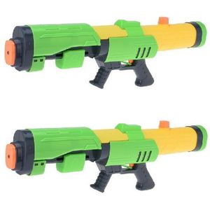 2x Waterpistolen/waterpistool groen/geel van 63 cm met pomp kinderspeelgoed - waterspeelgoed van kunststof - grote waterpistolen met pomp