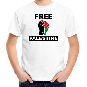 Free Palestine t-shirt wit kinderen - Palestina protest/ demonstratie shirt met Palestijnse vlag in vuist