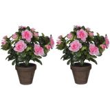 2x Groene Azalea kunstplanten met roze bloemen 27 cm in pot stan grey - Kunstplanten/nepplanten