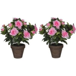 2x Groene Azalea kunstplanten met roze bloemen 27 cm in pot stan grey - Kunstplanten/nepplanten