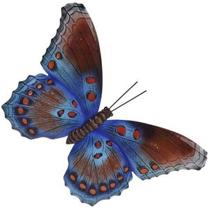 Tuin/schutting decoratie bruin/blauwe vlinder 44 cm - Tuin/schutting/schuur versiering/docoratie - Metalen vlinders