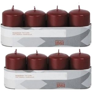 8x Bordeauxrode Cilinderkaarsen/Stompkaarsen 5 X 8 cm 18 Branduren - Geurloze Donkerrode Kaarsen