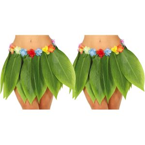 Fiestas Guirca Hawaii verkleed rokje met bladeren - 2x - volwassenen - groen - 38cm - hoela rok