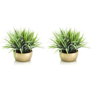 Set van 2x stuks grasstruik kunstplant 33 cm in gouden pot - Woondecoratie - Kunstplanten - Nepplanten - Gras planten in pot