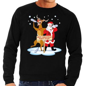 Foute kersttrui/sweater - dronken kerstman en rendier Rudolf -na kerstborrel/ feest - zwart voor heren