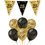 25 jaar verjaardag versiering pakket zwart/goud vlaggetjes/ballonnen