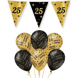 25 jaar verjaardag versiering pakket zwart/goud vlaggetjes/ballonnen