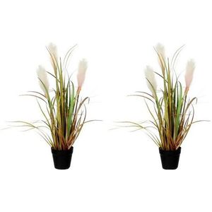 2x Groen/bruine riet gras/pluimgras kunstplant 53 cm Siergras in zwarte plastic pot - Kunstplanten/nepplanten
