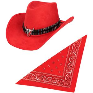 Carnaval verkleedset luxe model cowboyhoed Rodeo - rood - en rode hals zakdoek - voor volwassenen
