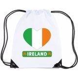 Ierland nylon rijgkoord rugzak/ sporttas wit met Ierse vlag in hart