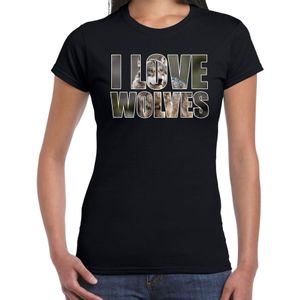 Tekst shirt I love wolves met dieren foto van een wolf zwart voor dames - cadeau t-shirt wolven liefhebber
