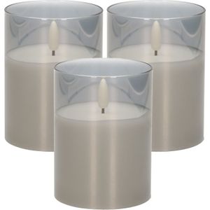 3x stuks luxe led kaarsen in grijs glas D7,5 x H10 cm - met timer - Woondecoratie - Elektrische kaarsen