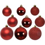 Kerstversiering kunststof kerstballen 6-8-10 cm met glitter folieslingers pakket rood van 28x stuks - Kerstboomversiering