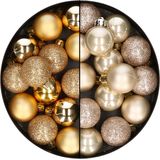 28x stuks kleine kunststof kerstballen champagne en goud 3 cm - kerstversiering