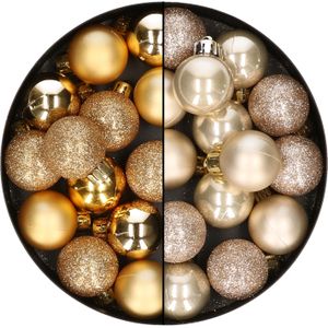 28x stuks kleine kunststof kerstballen champagne en goud 3 cm - kerstversiering