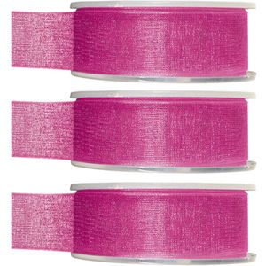 3x Hobby/decoratie fuchsia roze organza sierlinten 2,5 cm/25 mm x 20 meter - Cadeaulint organzalint/ribbon - Striklint linten roze