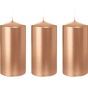 3x Rosegouden cilinderkaarsen/stompkaarsen 6 x 12 cm 40 branduren - Geurloze rosegoudkleurige kaarsen - Woondecoraties