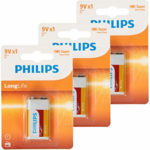 Philips 9V Long life batterij - 3x - alkaline - 9 Volt blokbatterijen