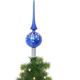 Luxe blauwe glazen piek met zilveren glitter sterren 28 cm - Kerstboompieken/kerstpieken - Glazen pieken deluxe