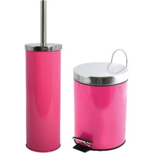 MSV Badkamer accessoires set - fuchsia roze - pedaalemmer 3L en wc/toilet-borstel