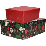 Pakket van 4x Rollen Kerst inpakpapier/cadeaupapier goud rood en zwart met print 2,5 x 0,7 meter - Kerst cadeautjes inpakken